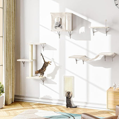 NUNU LAB Wall Mounted Cat Furniture, 5 Pcs Cat Wall Shelves with House, Bridge, Steps, Scratching Post, Shelves, Indoor Safe &amp; Stable Furniture for Kittens Play, Beige