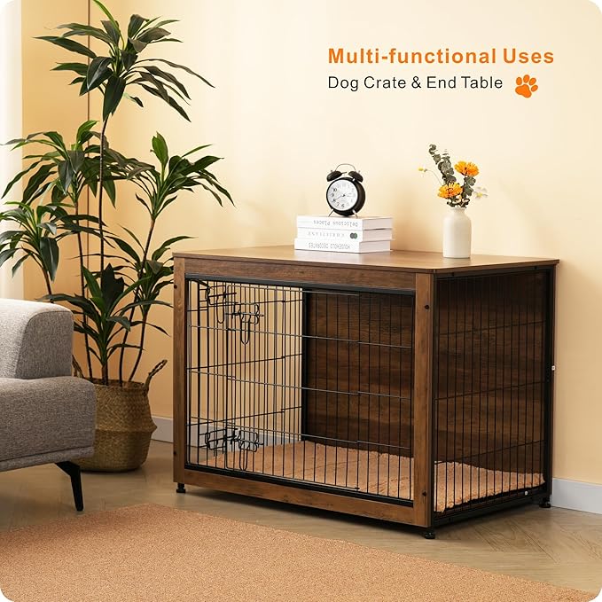 DWANTON Dog Crate Furniture with Cushion, Wooden Kennel Table with Double Doors, Indoor Dog House, Large Size, 38.5" L, Warm Brown