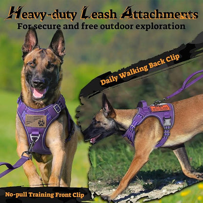rabbitgoo Dog Harness for Large Dogs No Pull, Tactical Service Pet Vest with Molle and Control Handle, Adjustable and Reflective Military Harness for Easy Walking and Training, Purple, L