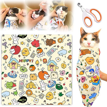 XANGNIER Cat Grooming Wrap with Cat Nail Clippers -Self-Adhesive Cat Swaddle for Nail Clipping, Anti-Scratch &amp; Anti-Escape Cat Restraint for Calm, Safe &amp; Easy Nail Trimming
