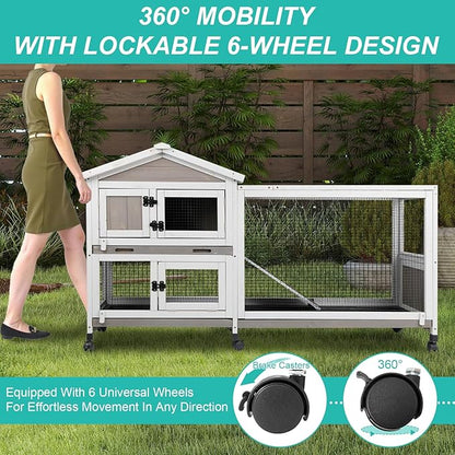 2-Tier Rabbit Hutch with Wheels, Indoor &amp; Outdoor Small Animal Cage with Deep Pull-Out Tray, Anti-Chew Frame, Habitat for Bunny, Guinea Pig, Chinchilla (60" L x 19" W x 35" H)
