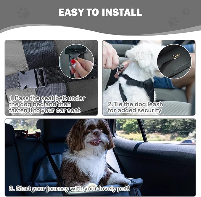2 and 1 Center Console Dog Car Seat &amp; Carrier for Small Dogs, Large Leather Dog Car Bed with Storage Pocket, Waterproof PVC Leather Seat Travel Bed for Front &amp; Back Seat, Clip-On Safety Leash