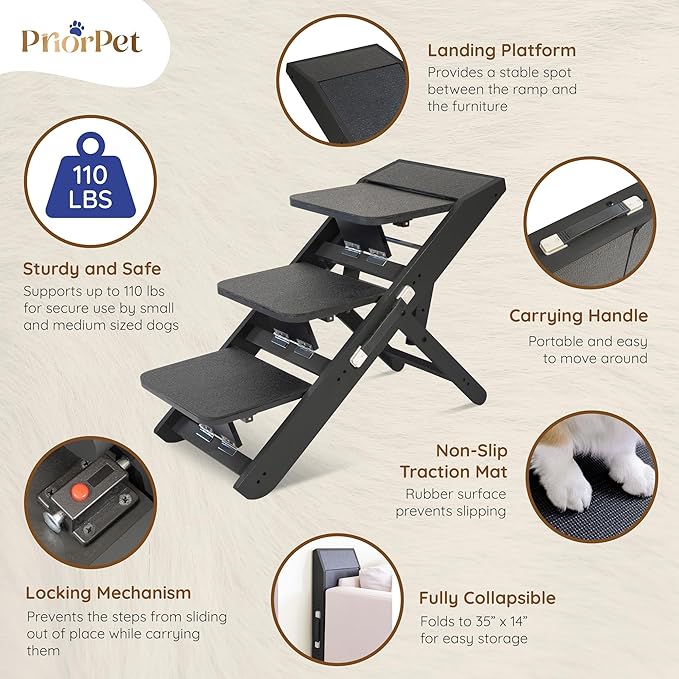 Dog Steps for Bed &amp; Couch 2-in-1 Dog Stairs/Ramp - Height Adjustable Dog Ramp for Couch 7” - 20” - Pet Stairs, Dog Stairs for Small Dogs - Easy to Move Pet Steps with Landing Platform, Black