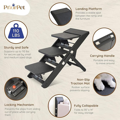 Dog Steps for Bed &amp; Couch 2-in-1 Dog Stairs/Ramp - Height Adjustable Dog Ramp for Couch 7” - 20” - Pet Stairs, Dog Stairs for Small Dogs - Easy to Move Pet Steps with Landing Platform, Black