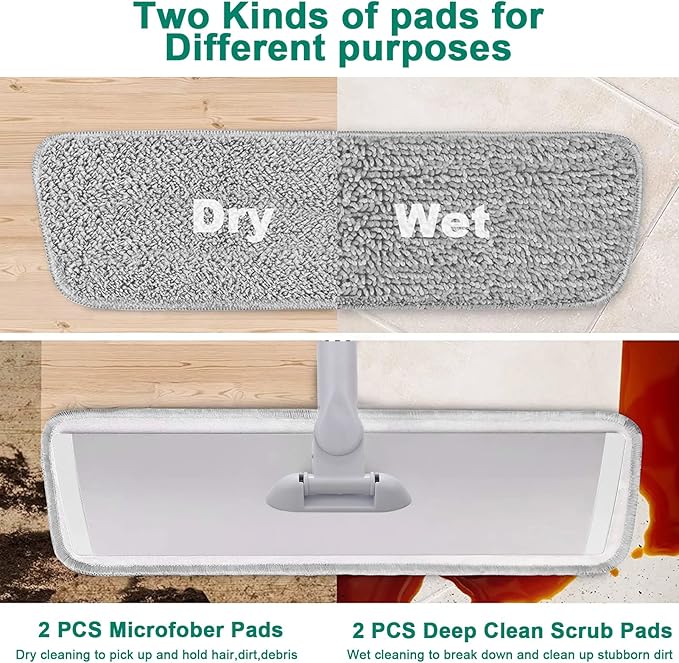 18" Professional Microfiber Mop Floor Cleaning System, Flat Mops with Stainless Steel Handle, 4 Reusable Washable Mop Pads, Wet and Dust Mopping for Hardwood, Vinyl, Laminate (White&amp;Grey)