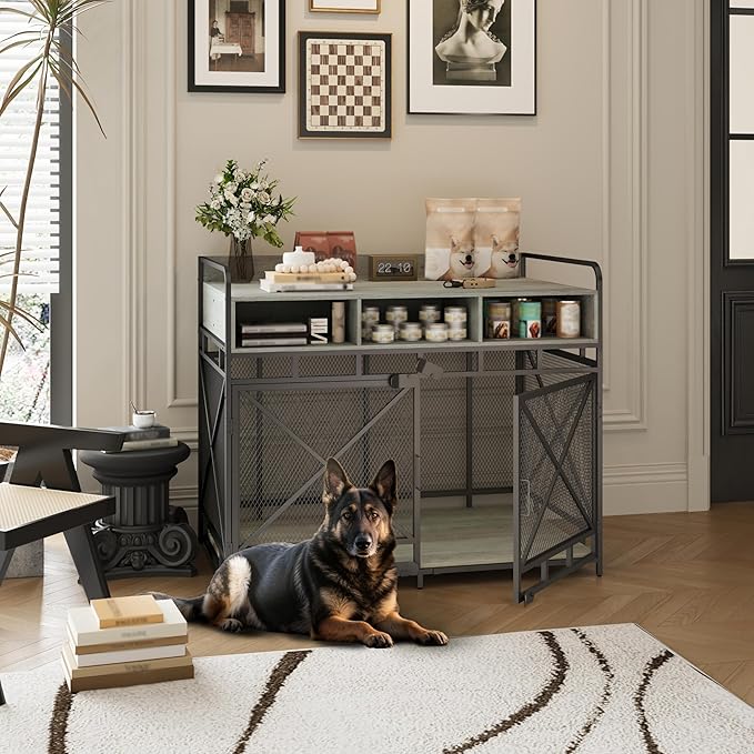 Dog Crate Furniture, 48" Heavy Duty Wooden Dog Crate End Table, XL Dog Kennel Furniture Large Breed, Decorative Dog Kennel Indoor with 3 Drawers &amp; Steel Tubes 48" L x28 W x38 H (Grey)