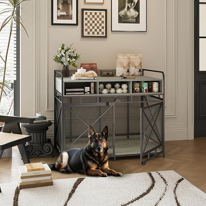 Dog Crate Furniture, 48" Heavy Duty Wooden Dog Crate End Table, XL Dog Kennel Furniture Large Breed, Decorative Dog Kennel Indoor with 3 Drawers &amp; Steel Tubes 48" L x28 W x38 H (Grey)