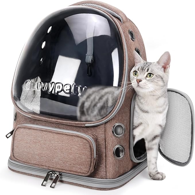 Cat Backpack Carrier, Breathable Cat Carrier Large Space Bubble Pet Backpack for Kitty Small Dog up to 15lbs, Transparent &amp; Foldable Pet Carrier for Travel Hiking