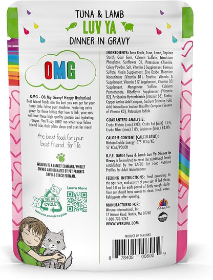 Weruva B.F.F. OMG - Best Feline Friend Oh My Gravy!, Tuna &amp; Lamb Luv Ya with Tuna &amp; Lamb in Gravy Cat Food, 3oz Pouch (Pack of 12)