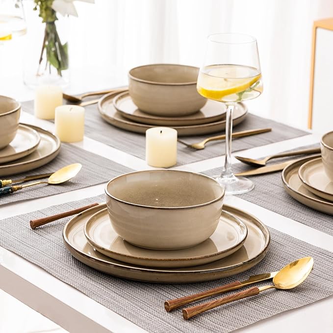 GBHOME Ceramic Dinnerware Sets for 4, 12 Pieces Stoneware Plates and Bowls Sets, Scratch Resistant Dishes, Dishwasher &amp; Microwave Safe, Reactive Glaze-Cappuccino