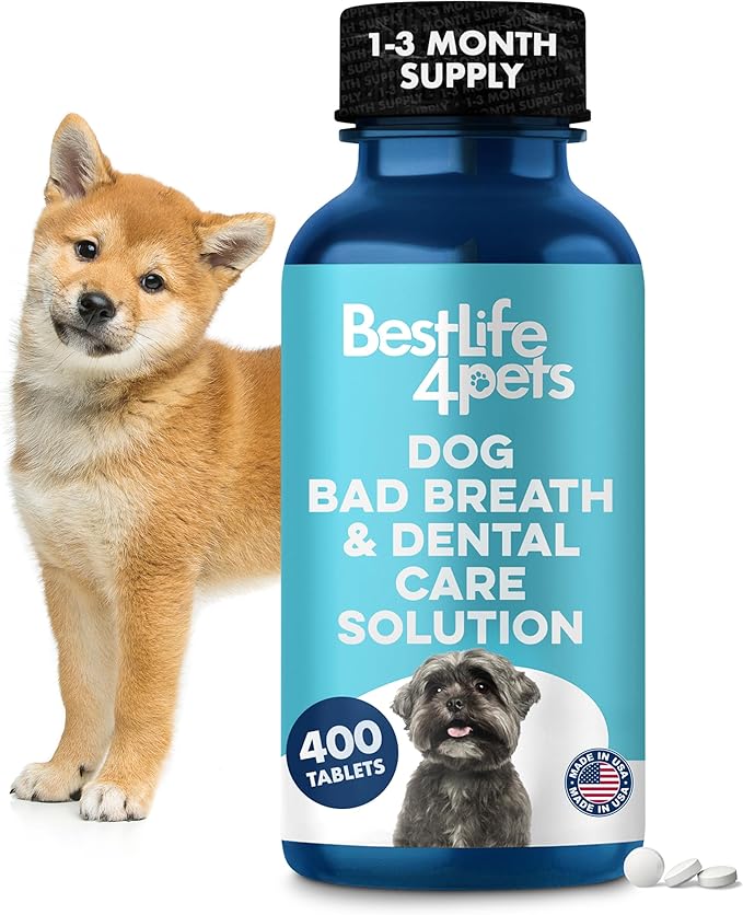 Dog Bad Breath Treatment &amp; Dog Dental Care Solution, Natural Supplement for Canine Oral Health, Canine Tooth Pain Relief, Plaque Control, Gum Disease, Gingivitis, 400 Odorless, Tasteless Pills