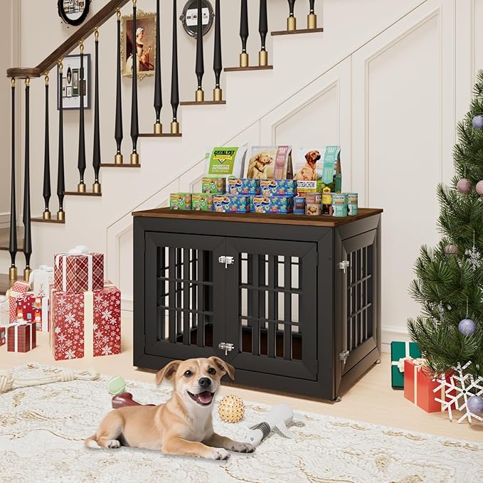 38" Heavy Duty Dog Crate Furniture for Small,Medium and Large Dogs,Rustic Wooden Dog Cage Kennel Indoor Furniture with Waterproof Top,Decorative Pet House Side End Table (Black &amp; Wood)