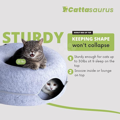 CATTASAURUS Peekaboo Cat Cave for Multiple &amp; Large Cats Up to 30-45 Lbs, Scratch Detachable &amp; Washable Tunnel Bed, Comfy Donut Cat Cave (Light Gray, Large)