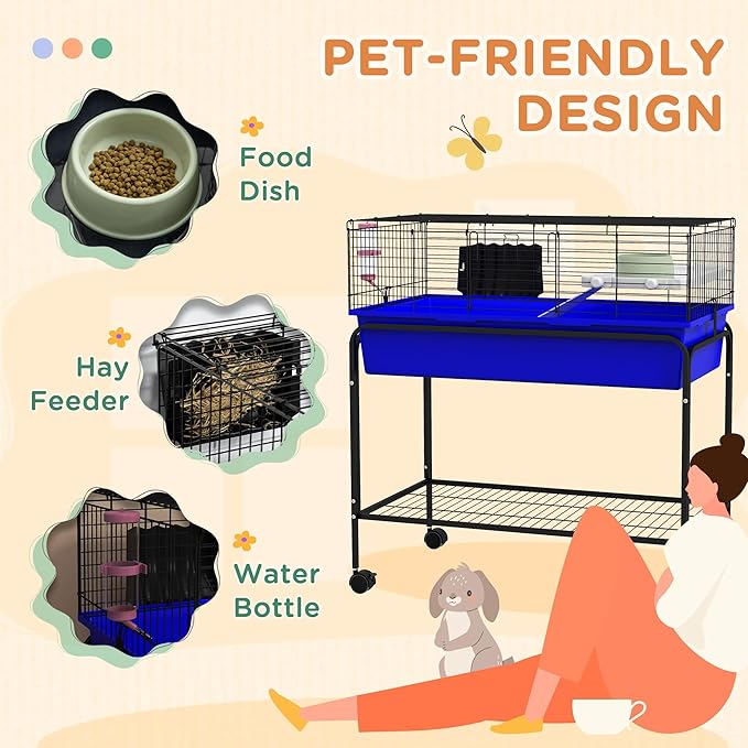 PawHut Two-Story Small Animal Cage Removable from Stand, Guinea Pig Cage with Shelf &amp; Wheels, Pet Habitat for Hedgehog, Chinchilla, Ferret, 33" x 18.5" x 35", Blue