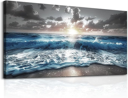 hyidecorart Large Wall Art For Living Room Modern Wall Decor For Office Blue Beach Painting Sea Waves Sunshine Wall Pictures Bedroom Home Decoration Prints Posters Mural Artwork Ready To Hang 60x30