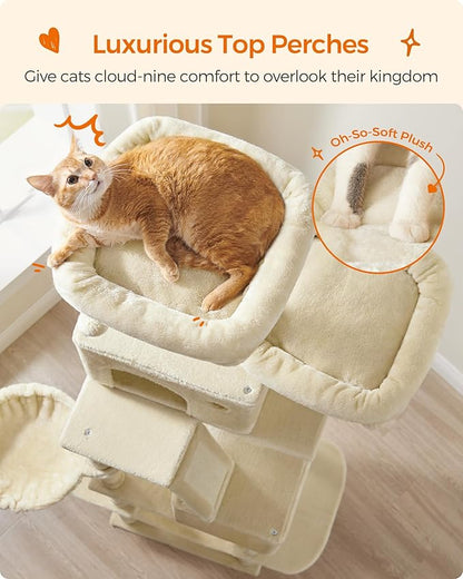 Feandrea Cat Tree, 81.1-Inch Large Cat Tower with 13 Scratching Posts, 2 Perches, 2 Caves, Basket, Hammock, Pompoms, Multi-Level Plush Cat Condo for Indoor Cats, Beige UPCT190M01