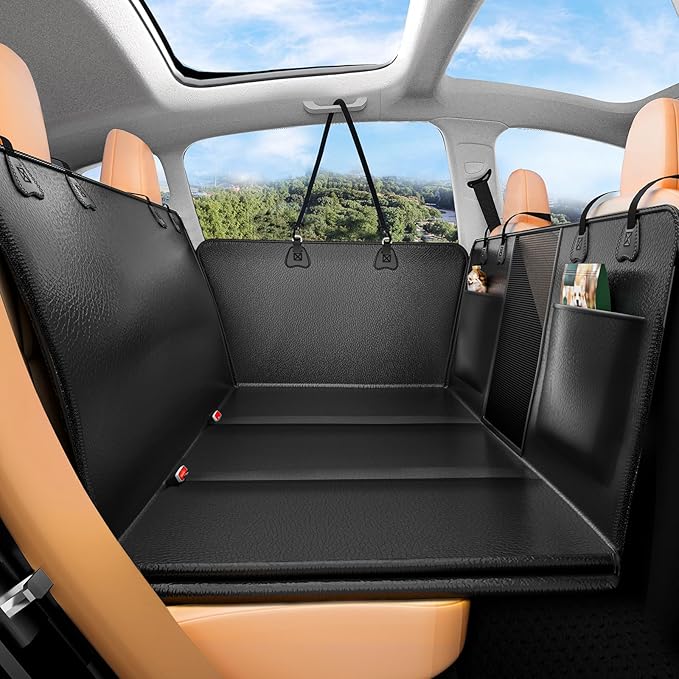 Hard Bottom Dog Car Seat Cover for Back Seat – Waterproof Nonslip Hammock Extender for Trucks &amp; SUVs, Heavy Duty Pet Protector, Black Faux Leather