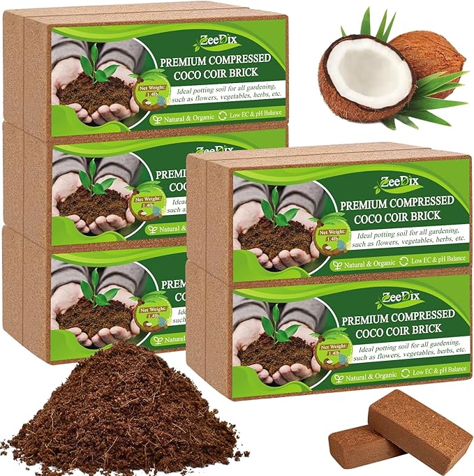 ZeeDix 10 Pack Premium Coco Coir Brick, Organic Compressed Coconut Coir Bricks Seed Starter Potting Soil for Plants, Coconut Fiber Substrate with Low EC &amp; pH Balance for Gardening Flower Herbs