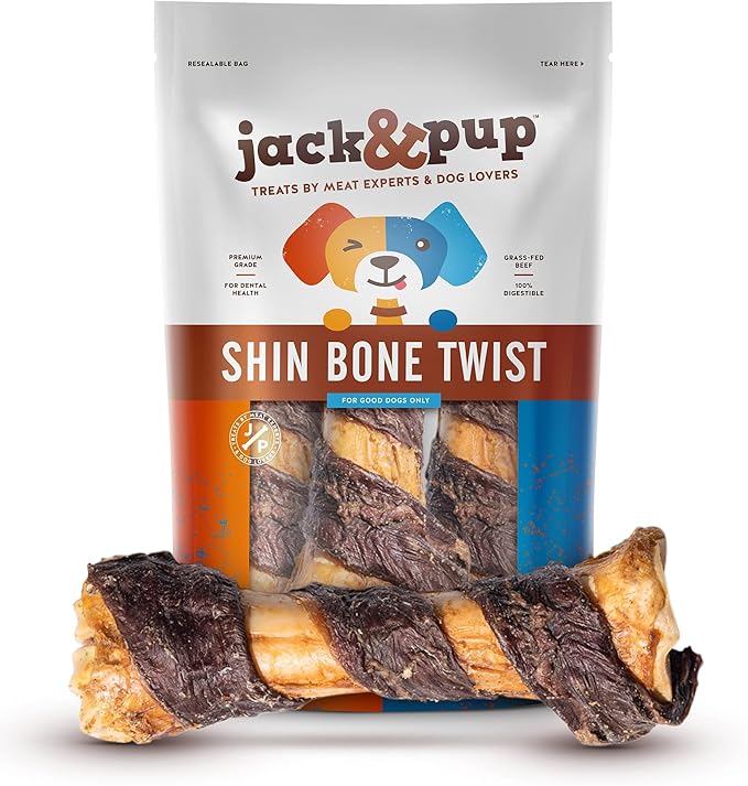 Jack&amp;Pup 8-11” Twist Shin Bones, Roasted Meaty Beef Bone for Dogs – Long Lasting Natural Dog Bones, Big Dog Bone for Large Dogs (3 Pack)