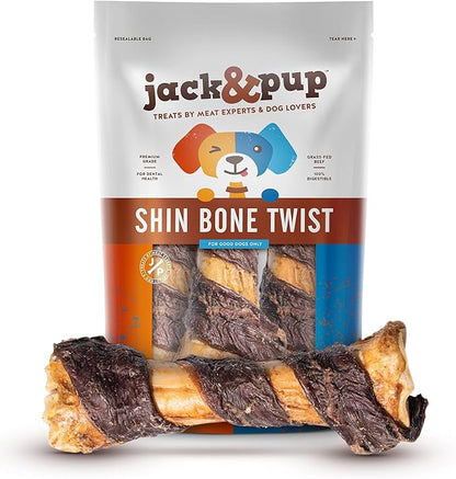 Jack&amp;Pup 8-11” Twist Shin Bones, Roasted Meaty Beef Bone for Dogs – Long Lasting Natural Dog Bones, Big Dog Bone for Large Dogs (3 Pack)