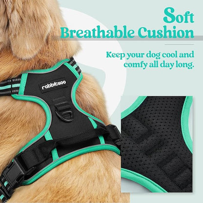 rabbitgoo Dog Harness No Pull with 2 Leash Clips, Adjustable Soft Padded, Reflective Oxford No Choke Pet Vest with Easy Control Handle for Large Dogs, Black &amp; Turquoise, XL