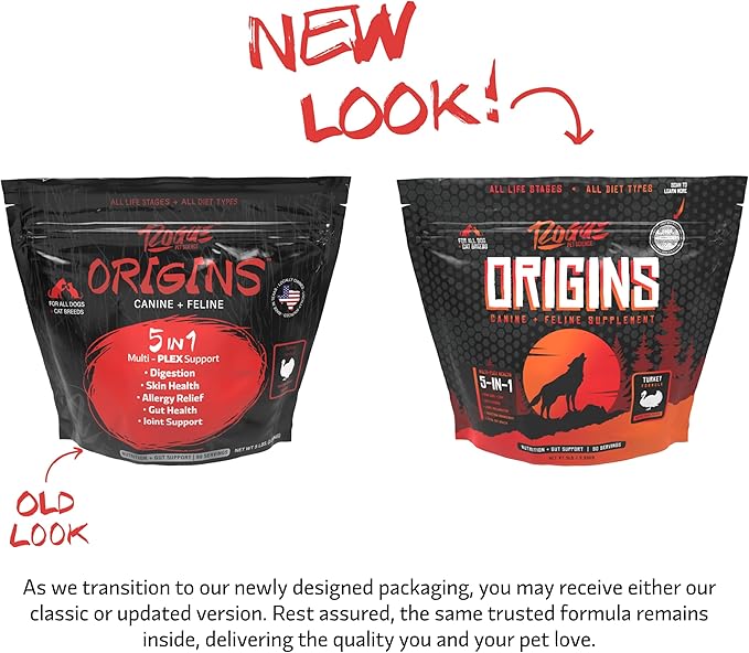 Origins 5-in-1 Dog Supplement - Powdered Food Topper w/Natural Turkey Protein- Supports Healthy Digestion, Skin, and Coat - Helps Reduce Itching &amp; Joint Inflammation (5LB)