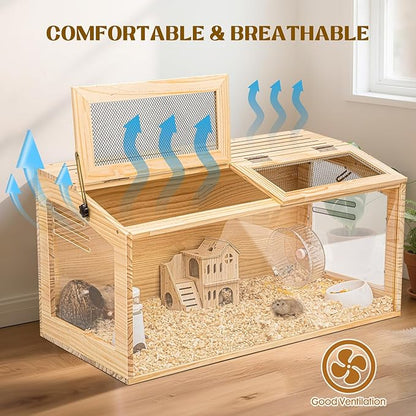 Hamster Cage 32 Inch Wooden Chewproof, 270° View Habitat with Bite-Proof Metal Mesh &amp; Dual Access Doors, Acrylic Sheets &amp; Solid Build for Dwarf Syrian Hamsters/Gerbils/Guinea Pigs/Chinchillas