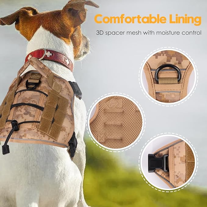 Heavy-Duty Tactical Dog Harness for Large Dogs, No Pull Adjustable Reflective Pet Vest with Molle System, K9 Military-Grade Control for Service Training, Outdoor &amp; 10+ Breeds, Khaki Camo, Medium