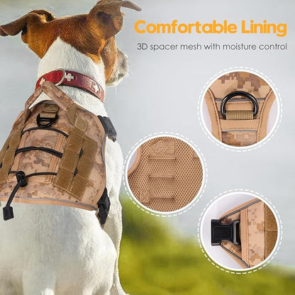 Heavy-Duty Tactical Dog Harness for Large Dogs, No Pull Adjustable Reflective Pet Vest with Molle System, K9 Military-Grade Control for Service Training, Outdoor &amp; 10+ Breeds, Khaki Camo, Small