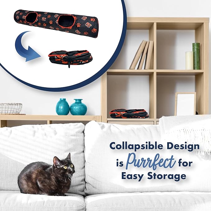 NFL Cincinnati Bengals Cat Tunnel Tube Toy with Plush Football Catnip and Feathers Collapsible Tunnel for Cats to Play, Peek and Hide, Sporty &amp; Fun Cat Tunnel Toy with Team Logo All-Over Design!