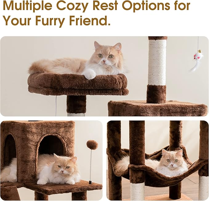 MWPO 70.1-Inch Large Cat Tree, Multi-Level Tall Cat Tower for Indoor Cats, Plush Cat Condo with Big Padded Perches, Sisal-Covered Scratching Posts, Hammock, Toys for Kittens &amp; Cats - Brown