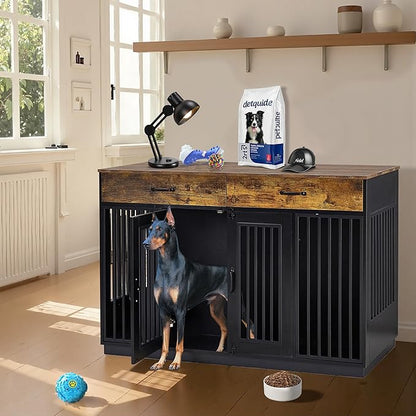 VECELO Dog Crate Furniture for Medium/Large Dogs, Wooden Dog Cage with Drawers, Double Door, Dog Kennel End Table, Brown