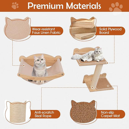 Tangkula Cat Wall Shelves, Wall Mounted 4pcs Kitten Furniture Set with Hammock, 2-Step Kitty Tree, Perch, Non-Slip Carpet Mat, Sisal Stairs &amp; Scratching Posts, Wooden Cat Climber Steps (Natural)