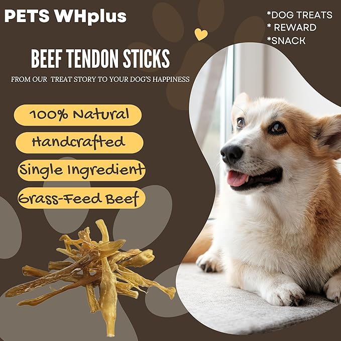 Beef Tendon Dog Treats, Single Ingredient, 100% Natural, Grass-Fed, Long-Lasting Rawhide-Free Chews, Collagen Protein, Dental &amp; Joint Support, 4 oz, Safe &amp; Grain-Free Snack