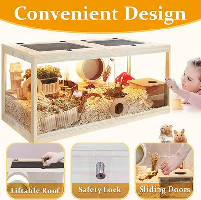 Prolee Hamster Habitat Chewproof,Wooden Hamster Cage with Openable Metal Mesh Top,Gerbil Cage with Lock Design for Hamster House (32"x16"x16")