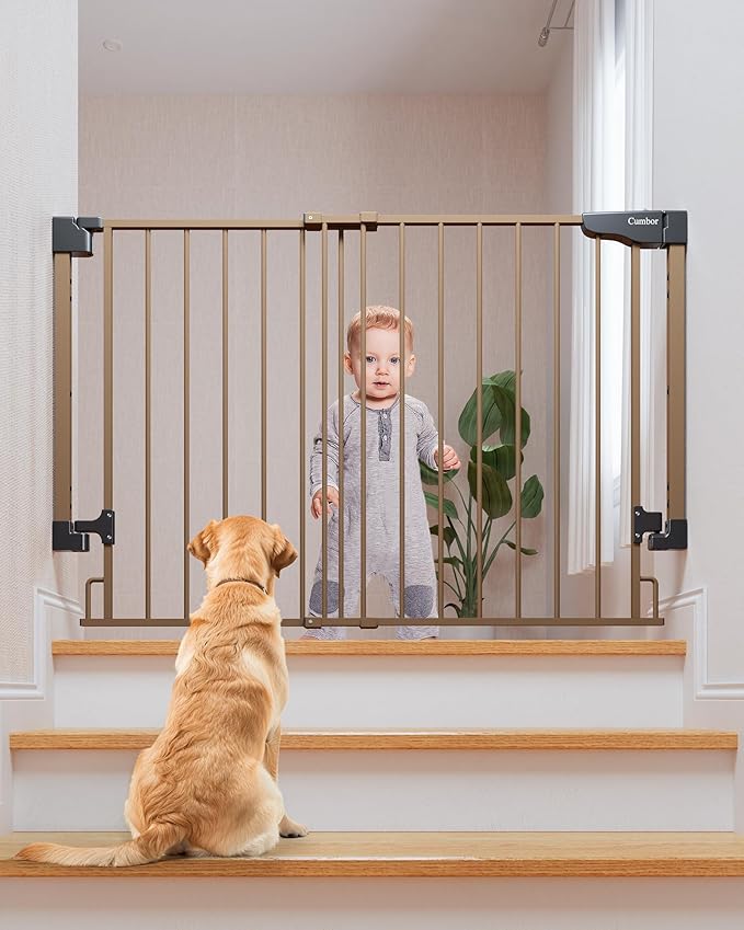 Cumbor 29.2-43" No Bottom Bar Baby Gate for Stairs, 2-in-1 Hardware Mounted Dog Gate Indoor, Pet Gate for Doorways with Large Walk Thru Door, Child-Proof Safety Gate for Top &amp; Bottom of Stairs (Brown)