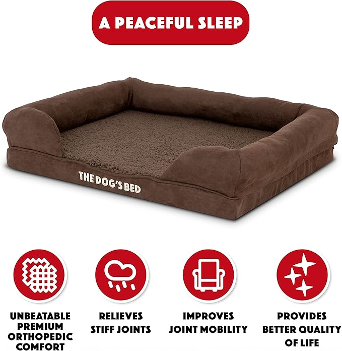 The Dog’s Bed Orthopedic Dog Bed Medium Brown Plush 25.5x20, Premium Memory Foam, Pain Relief: Arthritis, Hip &amp; Elbow Dysplasia, Post Surgery, Lameness, Veterinary Approved, Waterproof Washable Cover