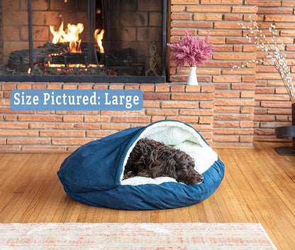 Snoozer Luxury Cozy Cave Dog Bed - Indoor Dog Bed with Cover Cave, Covered Calming Burrow for Medium &amp; Large Sized Pets with Blanket Attached, Enclosed, Washable - XL, Sapphire