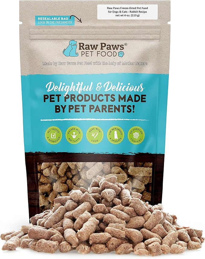 Raw Paws Freeze-Dried Pet Food for Dogs &amp; Cats- Rabbit Recipe, 4-oz - USA Raw Dog Treats for Training - Cat and Dog Treats - 100% Rabbit Meat, No Added Hormones or Antibiotics