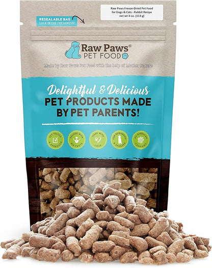Raw Paws Freeze-Dried Pet Food for Dogs &amp; Cats- Rabbit Recipe, 4-oz - USA Raw Dog Treats for Training - Cat and Dog Treats - 100% Rabbit Meat, No Added Hormones or Antibiotics