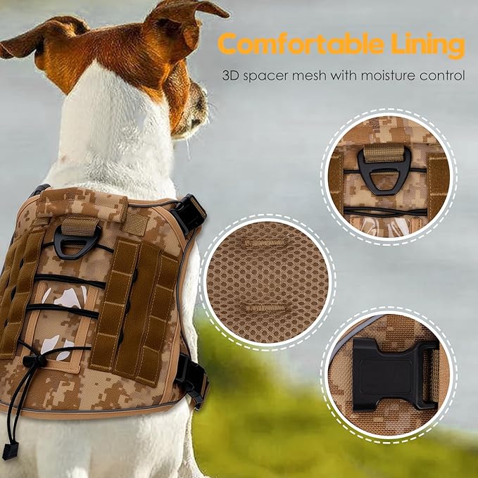 Heavy-Duty Tactical Dog Harness for Large Dogs, No Pull Adjustable Reflective Pet Vest with Molle System, K9 Military-Grade Control for Service Training, Outdoor &amp; 10+ Breeds, Khaki Camo, Large