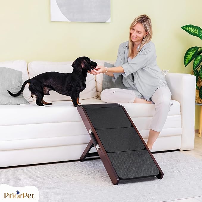 Dog Steps for Bed &amp; Couch 2-in-1 Dog Stairs/Ramp - Height Adjustable Dog Ramp for Couch 7” - 20” - Pet Stairs, Dog Stairs for Small Dogs - Easy to Move Pet Steps with Landing Platform, Walnut