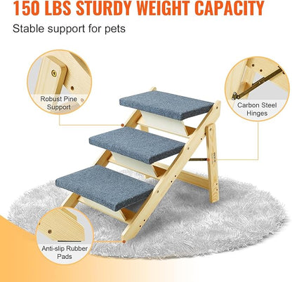 VEVOR Wood Pet Stairs/Pet Steps, 2-in-1 Foldable Wooden Dog Stair for Beds, Sofa and Cars, Dog Stairs &amp; Ramp with 3 Steps for Small Medium Large Pet, up to 150 lbs