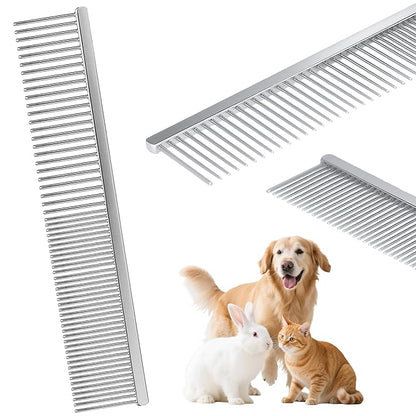 7.5 Inch Professional Stainless Steel Pet Grooming Comb for Dogs &amp; Cats, Wide &amp; Dense Teeth for Removing Tangles, Knots,Undercoat,Flea,Excess Hair, Rounded Corners Design for Safe,Metal Dematting Tool