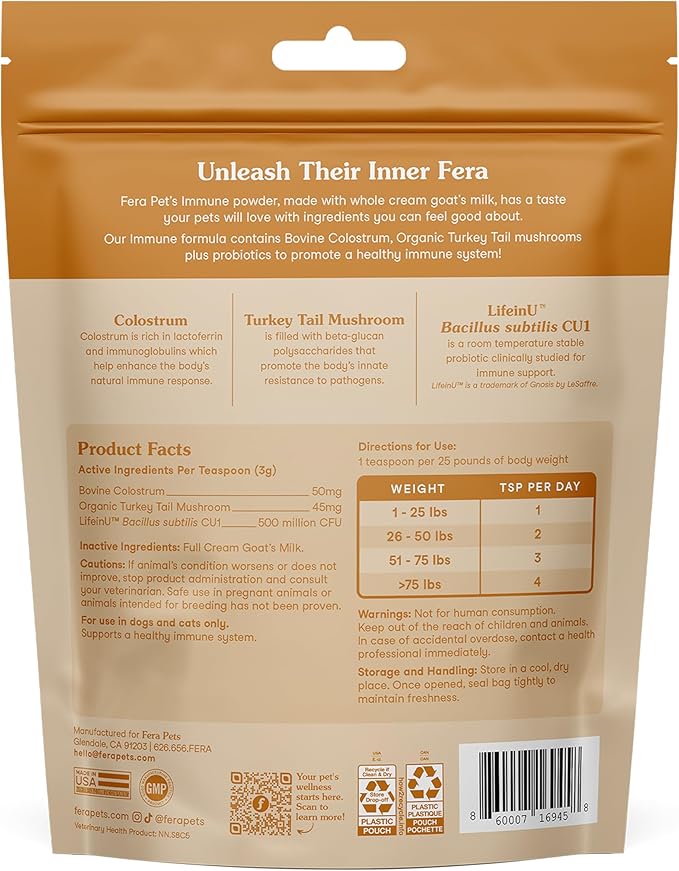 Fera Pets Immune Goat Milk for Dogs &amp; Cats with Colostrum, Organic Turkey Tail Mushroom, &amp; Probiotics - Improves Immune Response - for Picky Eaters - Powder - 60 TSP
