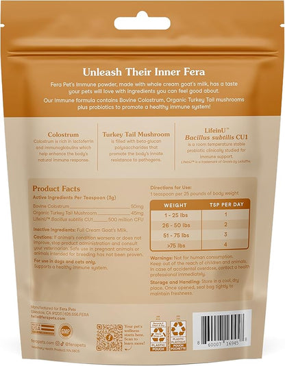 Fera Pets Immune Goat Milk for Dogs &amp; Cats with Colostrum, Organic Turkey Tail Mushroom, &amp; Probiotics - Improves Immune Response - for Picky Eaters - Powder - 60 TSP