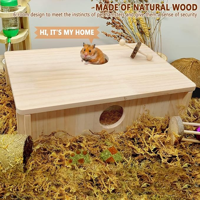 kathson Multi-Chamber Hamster Maze House,Wooden Syrian Hamster Maze Hideout,Small Pets Habitats Decor,6-Room Hideouts &amp; Tunnel Exploring Toys for Dwarf Hamsters,Gerbils,Mice,Lemmings,Mouse