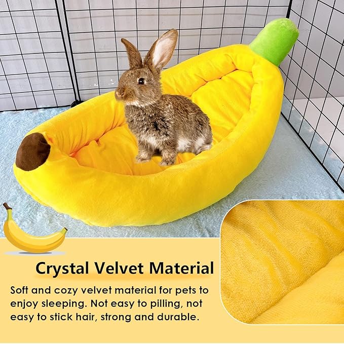 Bunny Bed,Rabbit Bed,Thick&amp;Soft with Removable Mat,Machine Washable Guinea Pig Cushion,Cozy Bunny Plush House,Warm Small Animal Sleeping Beds(Yellow Banana Shape-M)