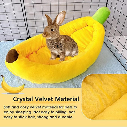 Bunny Bed,Rabbit Bed,Thick&amp;Soft with Removable Mat,Machine Washable Guinea Pig Cushion,Cozy Bunny Plush House,Warm Small Animal Sleeping Beds(Yellow Banana Shape-M)