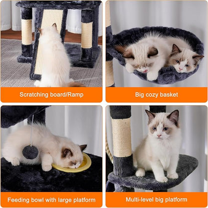 Heybly Tall Cat Tree, 78-inch Multi-Level Cat Tower for Indoor Cats, 2 Widened Plush Perches Cat Condo with Scratching Board and Big Caves, Smoky Gray HCT033G